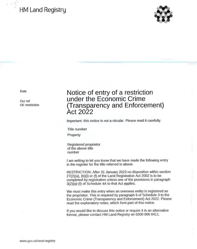 Notice of entry of a restriction